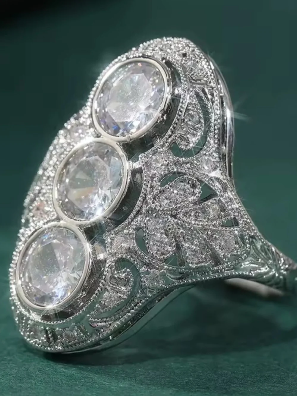 White Rhodium Three Stone White Quartz Filigree Ring